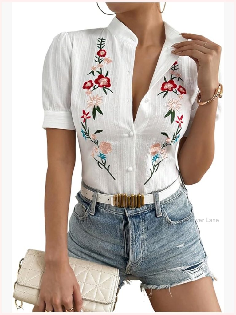 Floral Embroidered Puff Sleeve Button Down Blouse Top